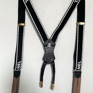 Vintage CHANEL Black Suspenders w/white logo